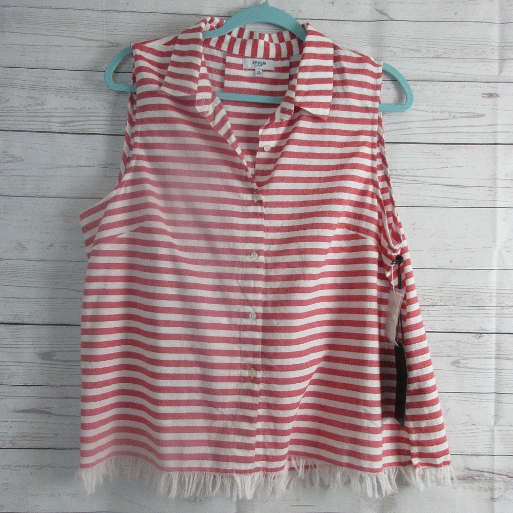 Kensie Jeans White Red Stripe Front Button Top  XL
